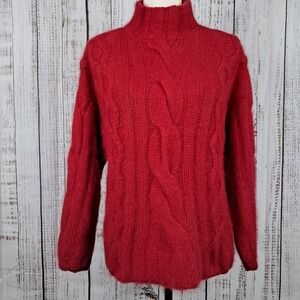 Vintage EXPRESS TRICOT S Red Cable Knit Sweater Mock Neck Angora Blend Chunky